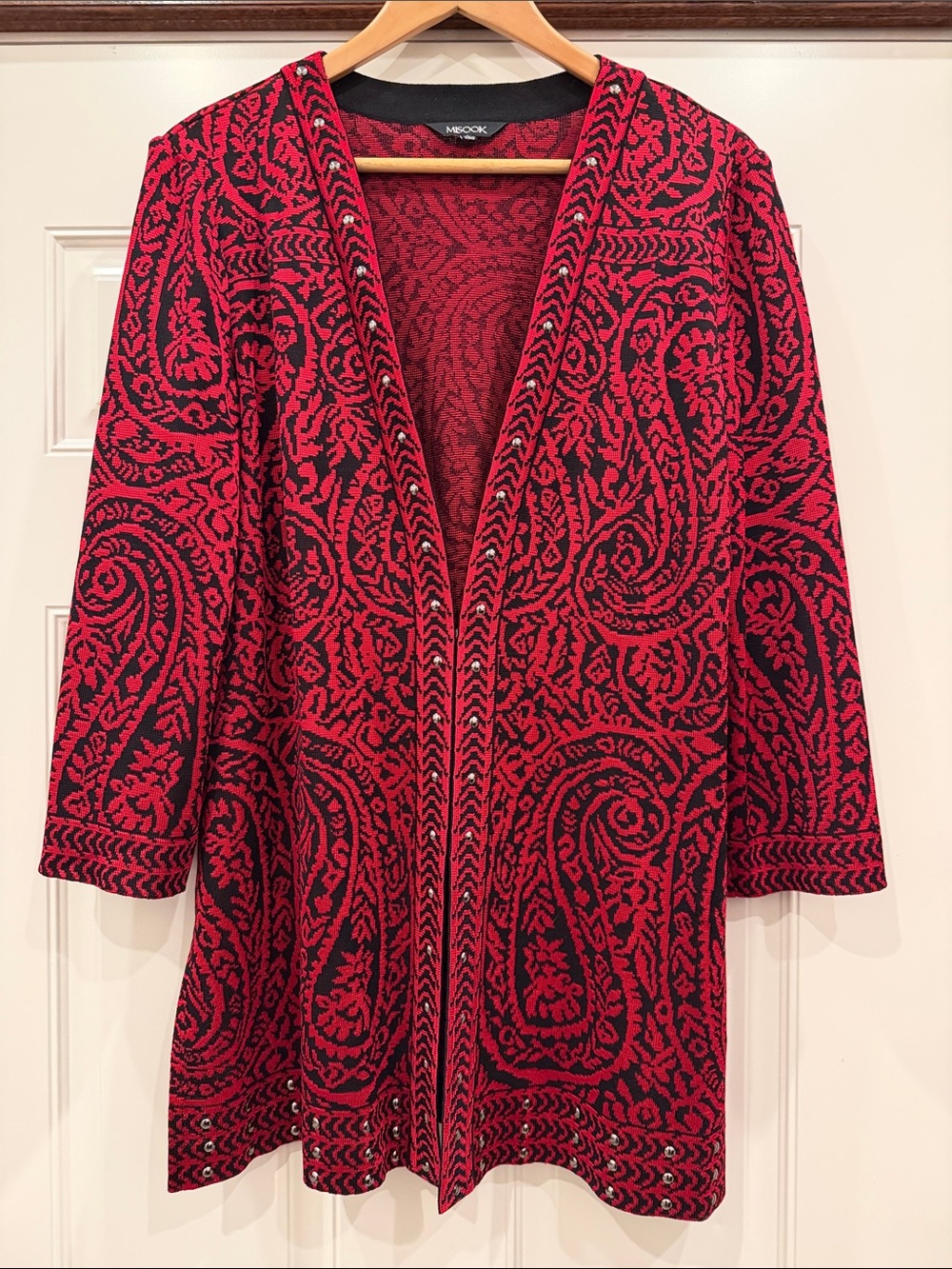 Misook Studded Red and Black Paisley Open-Front Hook & Eye Closure Knit Cardigan